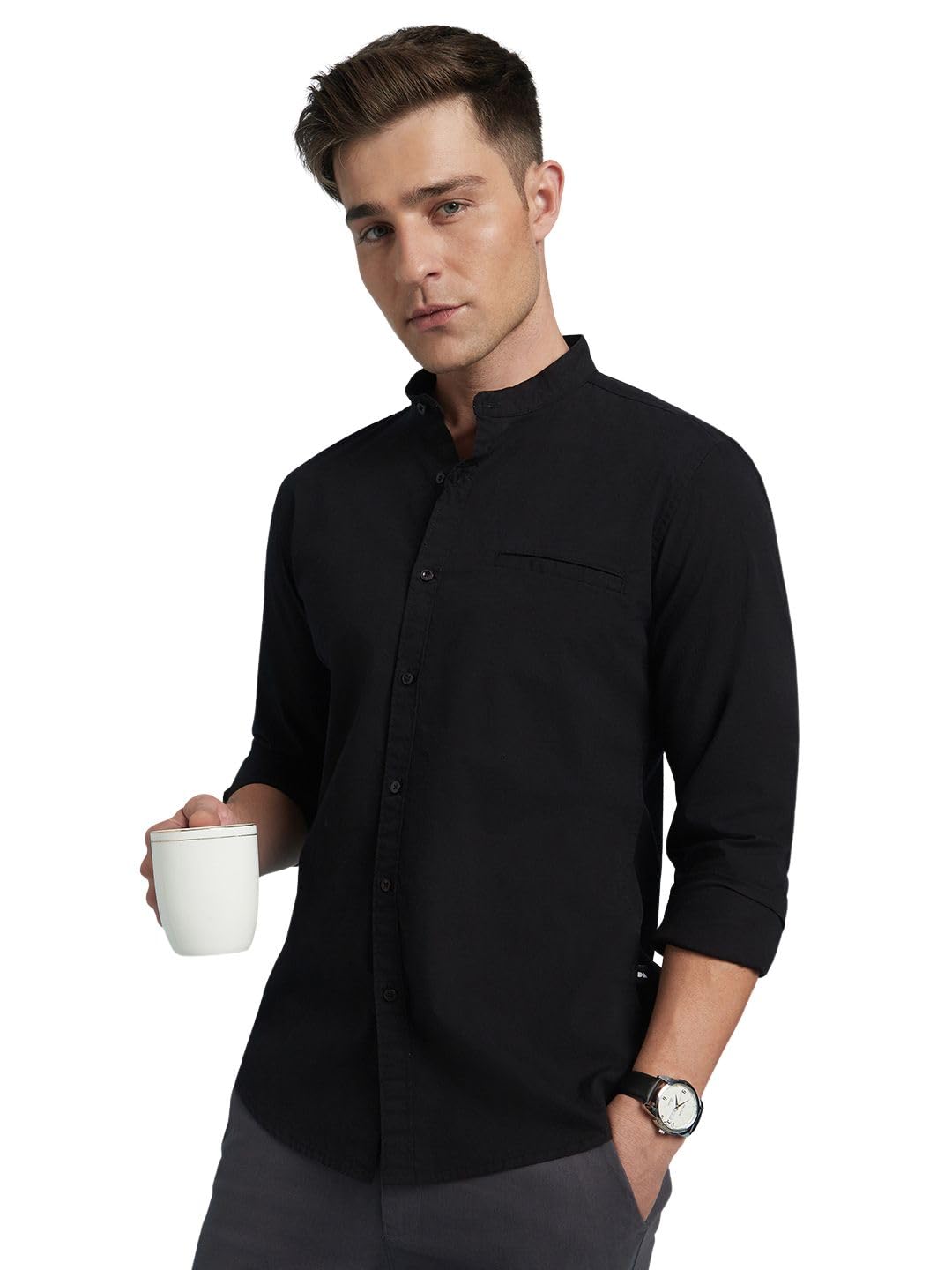 Dennis Lingo Men Cotton Solid Mandarin Collar Full Sleeves Regular Fit Casual Shirt