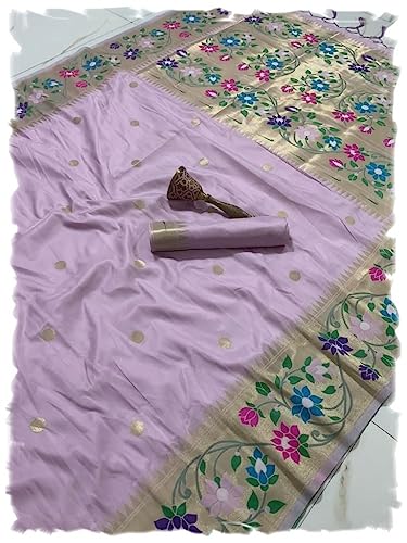 Panzora Woman's Lavender Pure Kanchipuram Silk Saree with Weaving Zari Border And Blouse Peice