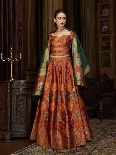 Image of PURVAJA Women's Kanjiwaram Semi-Stitched Lehenga choli