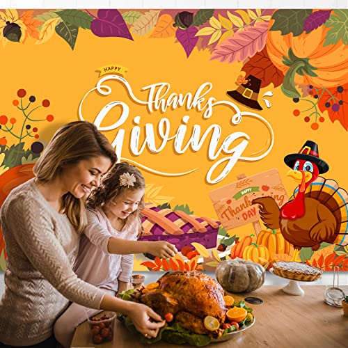 Image of Thanksgiving Backdrop, 84 inch x 60 inch Orange Polyester Thanksgiving Banner with Pumpkin, Maple Leaf & Turkey Design, Great for Photo Booth, Wall Decor, Party Supplies