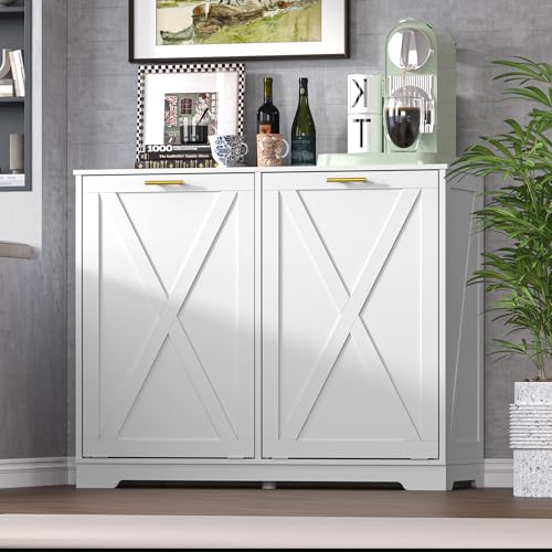 Image of BORNOON Tilt Out Trash Can Cabinet for 2 Bins, Hidden Recycle Garbage Bin Enclosure, Wooden Double Laundry Cabinet with Odor Control, Negative Ion & Ozone, for Kitchen, Bathroom, Laundry Room