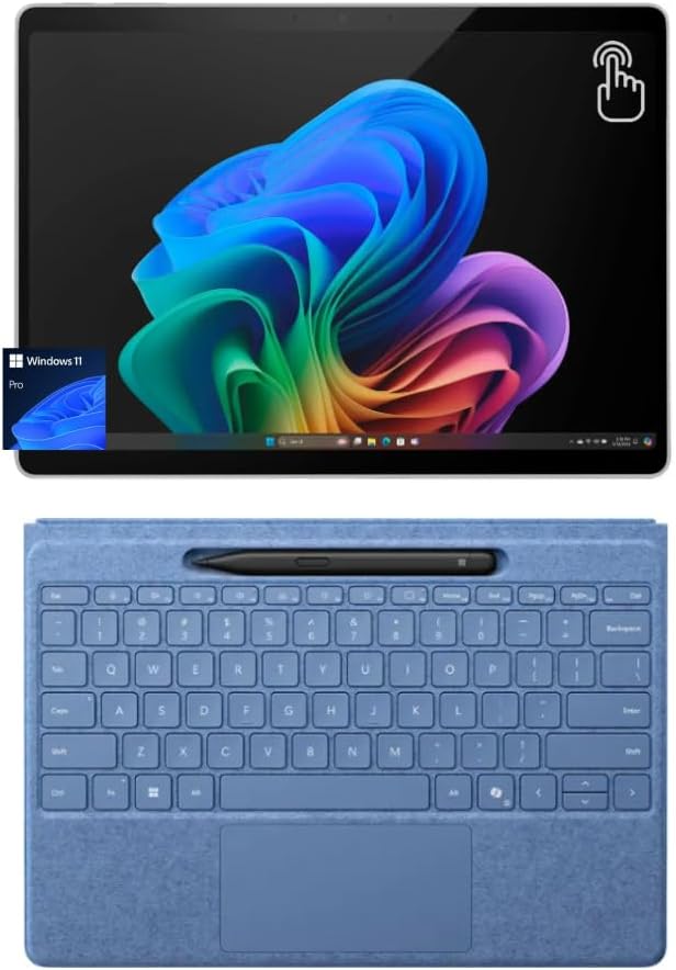 Microsoft Surface Pro 11 Bundle, 2-in-1 Tablet with Sapphire Flex Keyboard and Slim Pen, Copilot+ PC, 13" Touchscreen OLED, Snapdragon X Elite (12 Core), 16GB RAM, 256GB SSD, Windows 11 Pro, Platinum