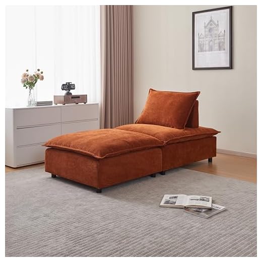 VnndeNest 75" Chenille Fabric Chaise Lounge Indoor, Modern Longue Chair Indoor Chaise Longue with Adjustable Backrest & Movable Ottoman, Comfy Sofa Bed Couch for Small Space,Living Room,Bedroom,Orange