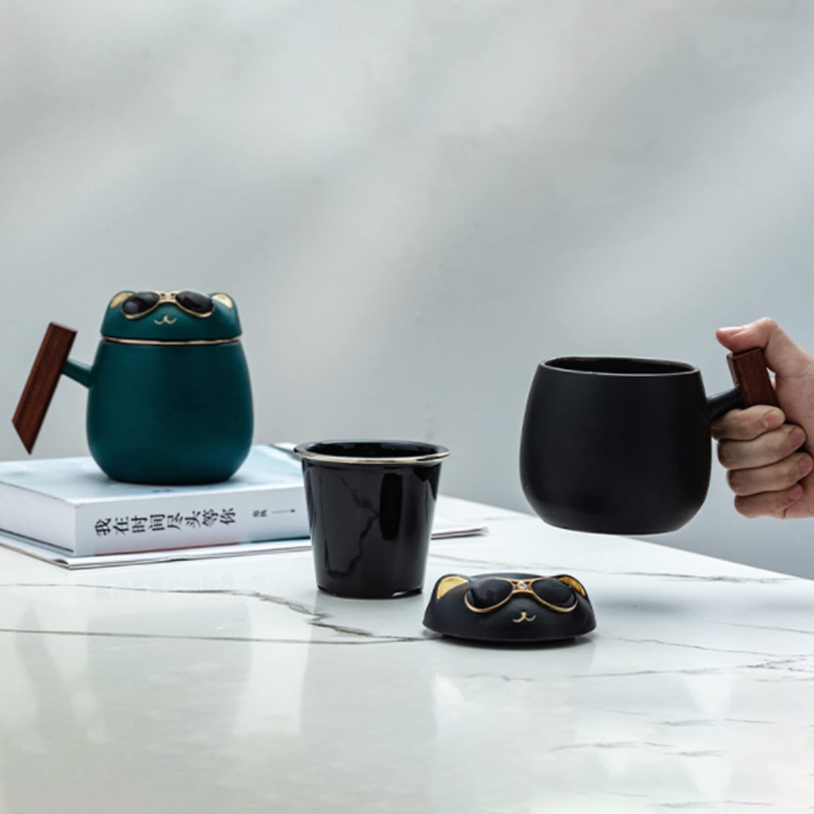 Orientalny ceramiczny zestaw do herbaty Zestaw do czajnika Ceramiczna filiżanka do herbaty z zaparzaczem i pokrywką 400 ml, ceramiczny kubek do zaparzania herbaty, kubki do herbaty z drewnianym uchwyt
