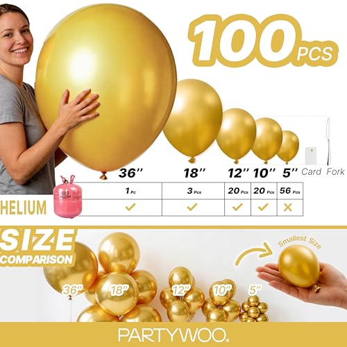Image of PartyWoo Gold Balloons 100pcs Different Sizes of 36 18 12 10 5 Inch Gold Balloon Arch Kit Garland for Birthday Wedding Anniversary Baby Shower Graduation Retirement Casino Party Decorations Gold-G101