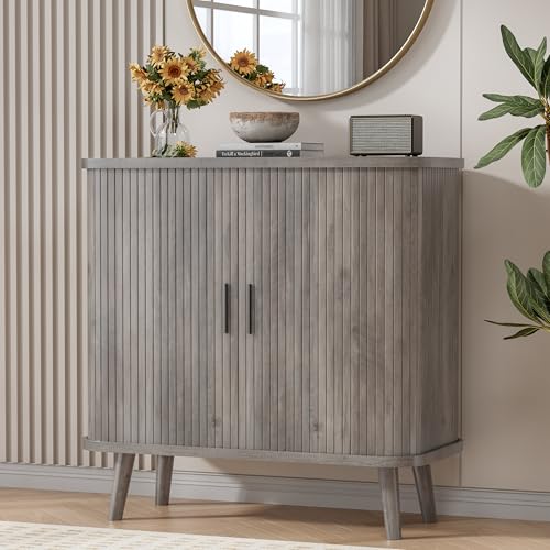 Image of BORNOON Buffet Cabinet with Storage, Curved-Edge Fluted Storage Cabinet Sideboard, Modern Black Sideboard Buffet with Adjustable Shelves & Sliding Door for Dining Room, Kitchen, Entryway (Wood)