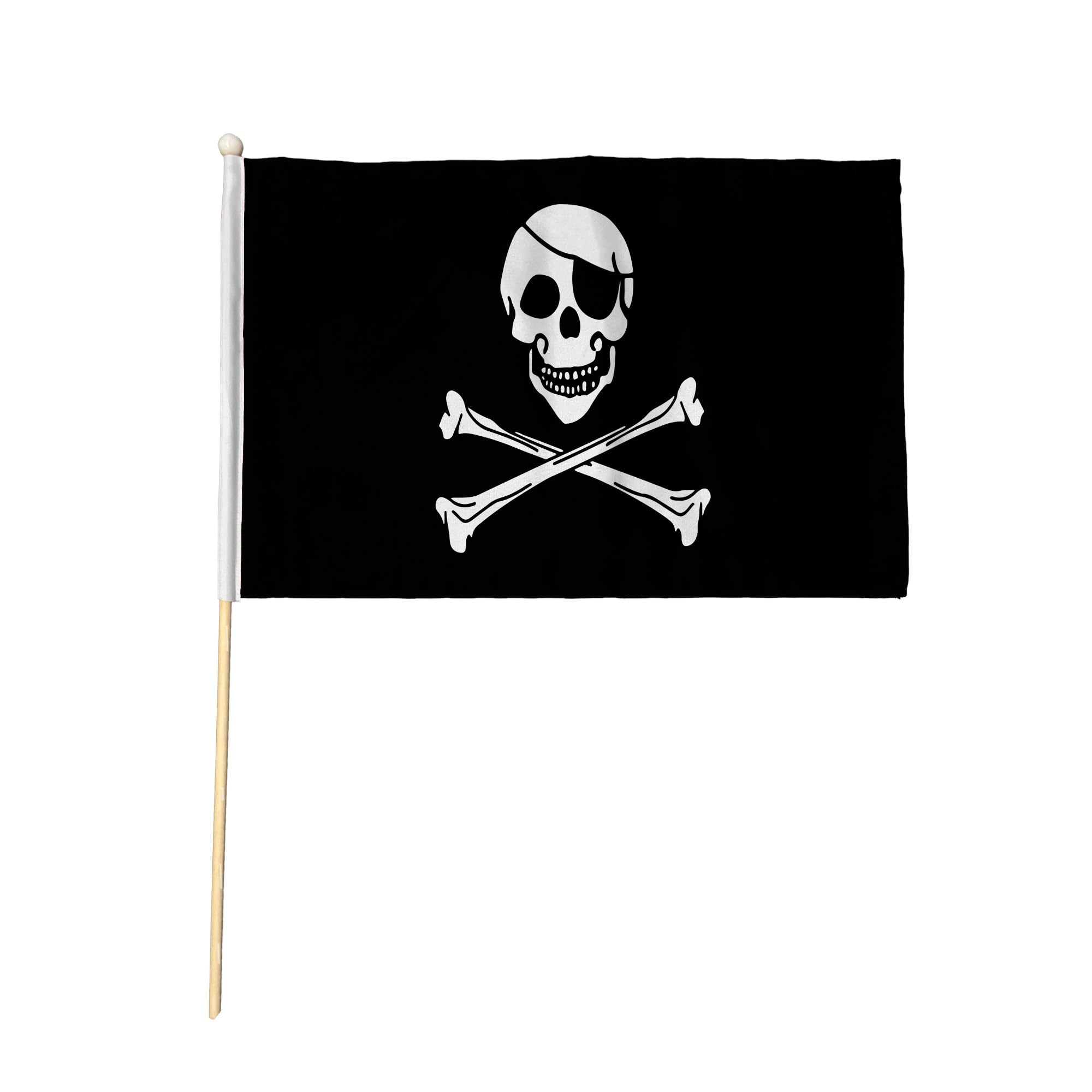 Flagtex Skull and Crossbones Pack of 12 Hand Waving Flag (9x6 Inch) - Premium Wooden Stick Pirate Flag 9x6 Inch Natural Wood Pole Black White Jolly Roger Party Decoration