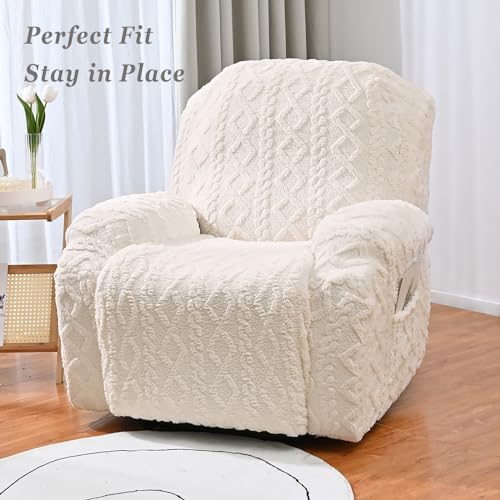 Image of JOKIVTOU Recliner Chair Covers 4-Pieces, Soft, Stretchable, White, Modern Home Decor, Furniture Protector with Elastic Straps Bottom, Storage Pocket on Arm Cover