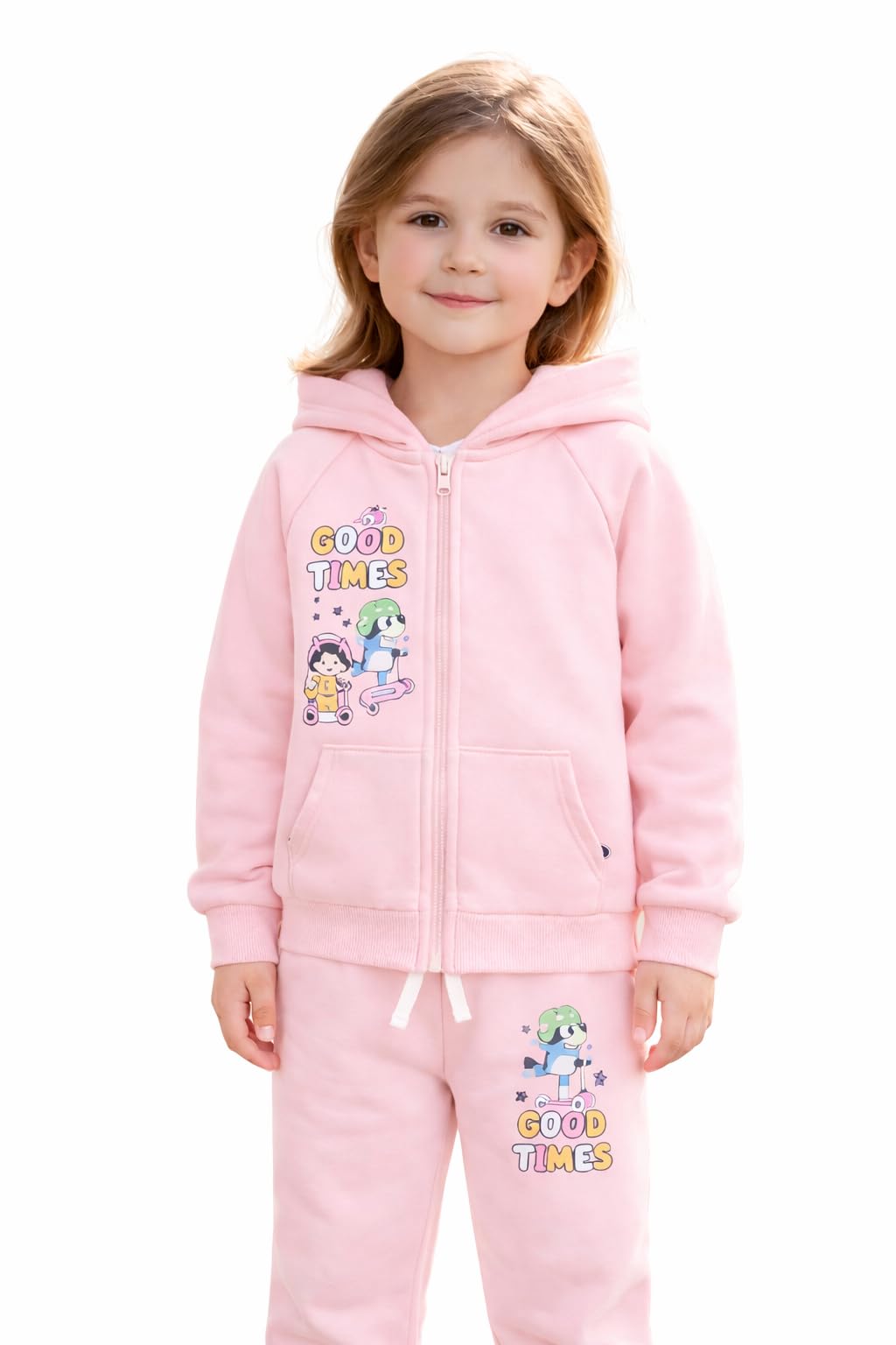 BlueY Survêtement Fille Rose Ensemble 2 Pièces Sweat à Capuche et Pantalon 100% Coton 12 Mois – 6 Ans