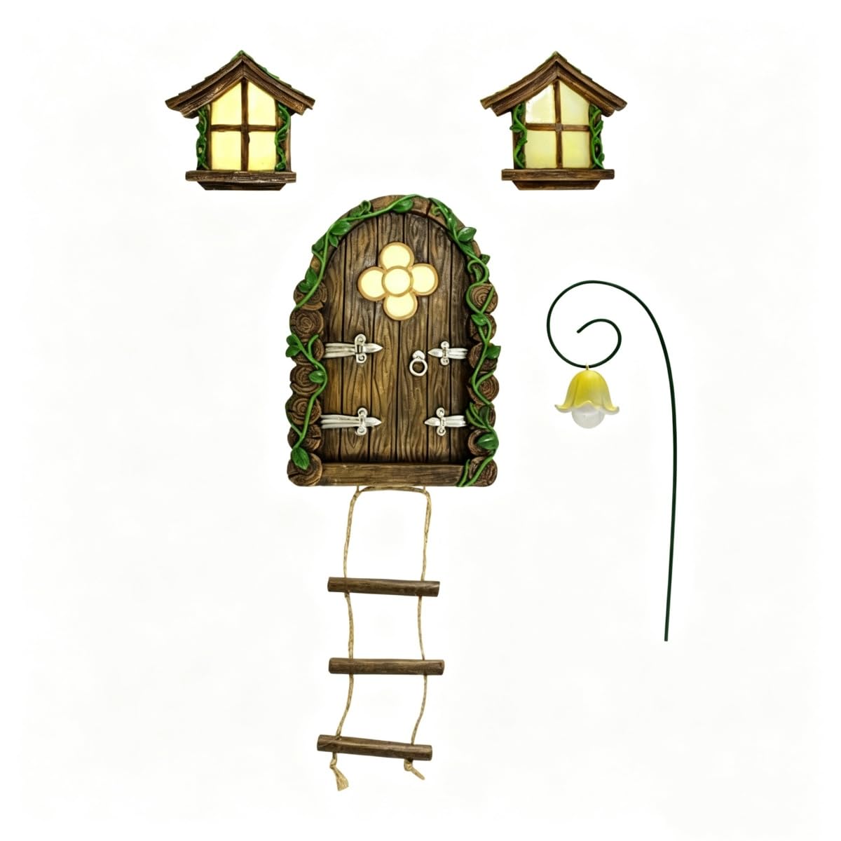 SolvixEdge Glow in The Dark Tree Fairy Door & Windows, Mini Mushroom Yard Sculpture with Lantern, Waterproof Resin Lawn Ornament, Outdoor Fairy Garden Art Accessories for Patio Lawn Decor