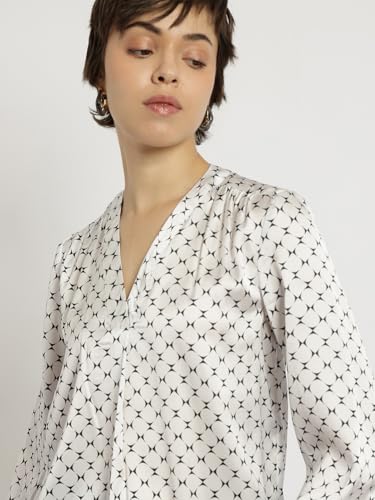 Image of FableStreet Women Formal & Casual Top | V-Neckline with Gathered Back Detail & Three-Quarter Sleeves | Premium Satin Fabric for Office Wear & Sophisticated Outings