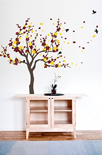 Japanese Cherry Blossom Tree And Birds Wall Decal Sticker For Flower Baby Nursery Room Decor Art (Burgundy & Yellow, 60X90 Inches) #TOP18