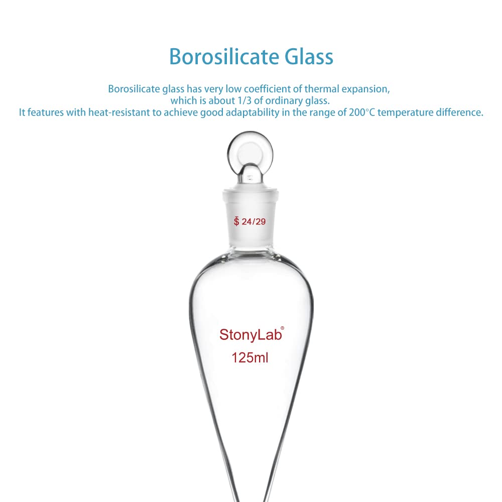 stonylab PTFE Stopcock Separatory Funnel 125 ml, Borosilicate Glass Heavy Wall Conical Pear-Shaped Funnel with 24/29 Joint