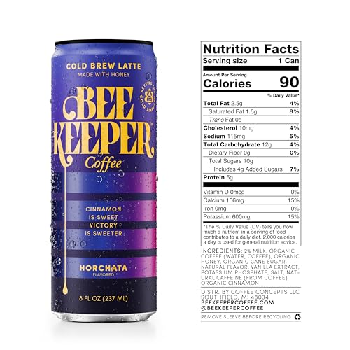 Image of Beekeeper Horchata Latte Cold Brew Coffee Drinks with Oregon Honey | 12 Pack Refreshing Iced Coffee - Unsweetened & Strong Arabica Brew, 8 fl oz Ready-to-Drink Can - 180mg Natural Caffeine