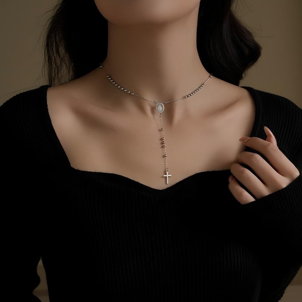 Double Layer Rosary Virgin Mary Cross Necklace Religion Cross Y Shaped Necklaces Rosary Bead Crosses Necklace for Women Men Jewelry Gift - Image 4