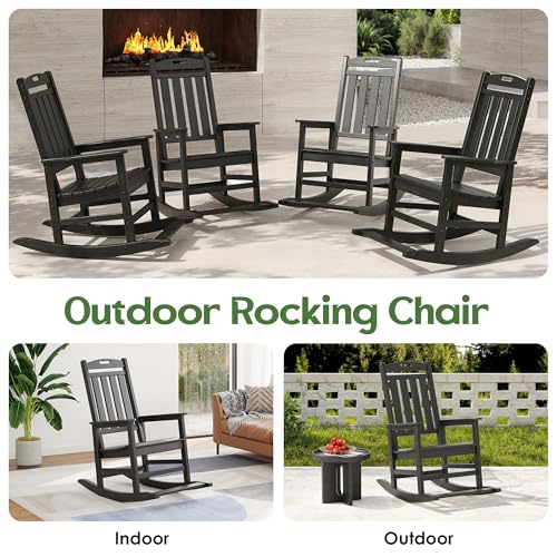 SOMEET Outdoor Rocking Chair - HDPE Patio Rocking Chair with Footboard, High Back Porch Rocker All Weather Outdoor Patio Chairs for Front Porch Rocker Lawn Garden Deck Patio Balcony, Black - Thumbnail 3