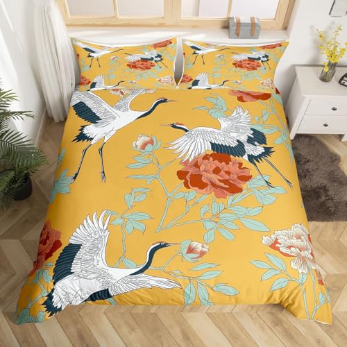 Erosebridal Red-Crowned Crane Bedding Set Full Size Japanese Ukiyo-E Duvet Cover Vintage Floral Comforter Cover Red Leaves Branch Asian Culture Bedspread Cover for Room Dorm Decor, Yellow