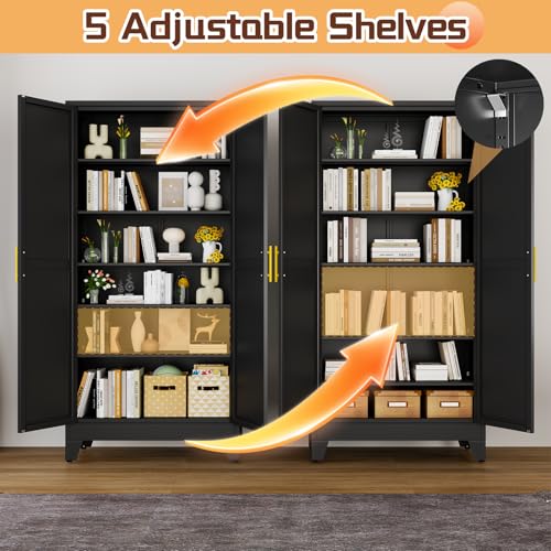 Image of PAOFIN 75 inch Metal Kitchen Pantry Cabinet, Storage Cabinet with Doors and 5 Adjustable Shelves, Cabinet with 2 Metal Handles,Tall Cabinet for Livingroom,Pantry, Bathroom,Kitchen Black