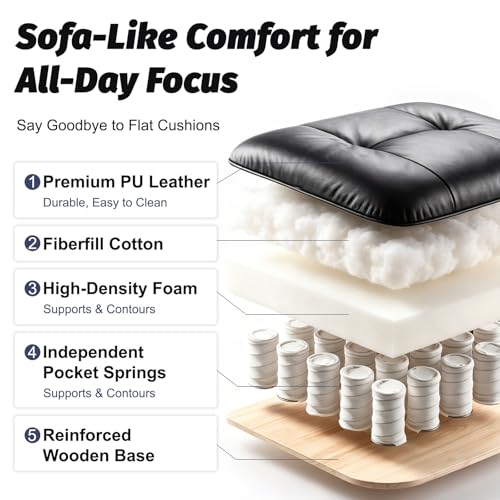 Image of Efomao Executive Office Chair 400lbs, Black Big and Tall Desk Chair | Mattress-grade pocket spring cushion, sleek leather, 135 recline & footrest for computer gaming setup.