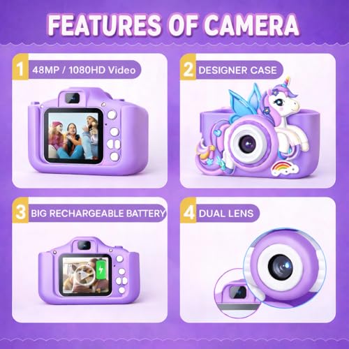 Image of PLUSPOINT Kids Digital Camera, Unicorn Toys Camera with Selfie 1080P HD Video, Christmas Birthday Gifts for Girls, Toddler Digital Camera Toys Gifts for 3+Year Old Girls and Kids