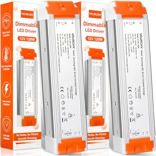 VEURCHY 120W 12v Dimmable LED Driver, Triac LED Dimmable Transformer Compatible with Lutron & Leviton Dimmer Switches AC 110V to DC 12V 120 Watt, 12 Volt Power Supply for LEDs Strip Lights 2 Pack