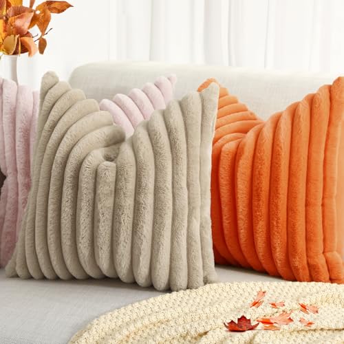 Image of decorUhome Fall Cozy Faux Fur Throw Pillow Covers 16x16 Set of 2 Decorative Soft Plush Striped Modern Farmhouse Boho Couch Pillow Cases with Velvet Back for Sofa Bed Living Room, Orange