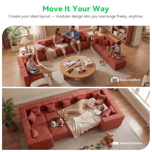 Image of MONVANE Oversized Boneless Sectional Couches for Living Room, 10-Seat Cloud Couch, Modular Sofa with Ottoman & 10 Throw Pillows, Comfy Chenille, No Assembly Required, Red