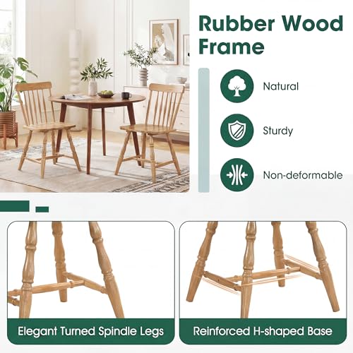 Image of COSTWAY Windsor Chairs Set of 2, Armless Solid Wood Dining Chairs with Spindle Backs, Farmhouse Kitchen Side Chair for Dining Room, Kitchen, Small Space (Natural)
