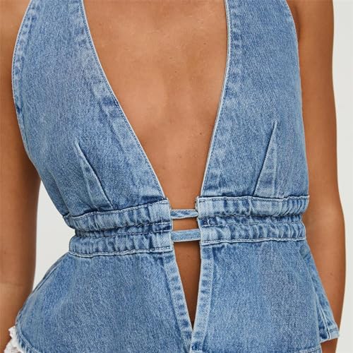 Women Sexy Halter Jean Vest Deep V Neck Denim Tie Vest Summer Backless Ruffle Denim Tank Top Streeetwear2
