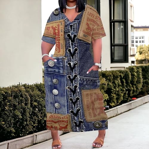 Womens Plus Size Denim-Print Fashion Maxi Dresses Casual Soft Tshirt Dress3