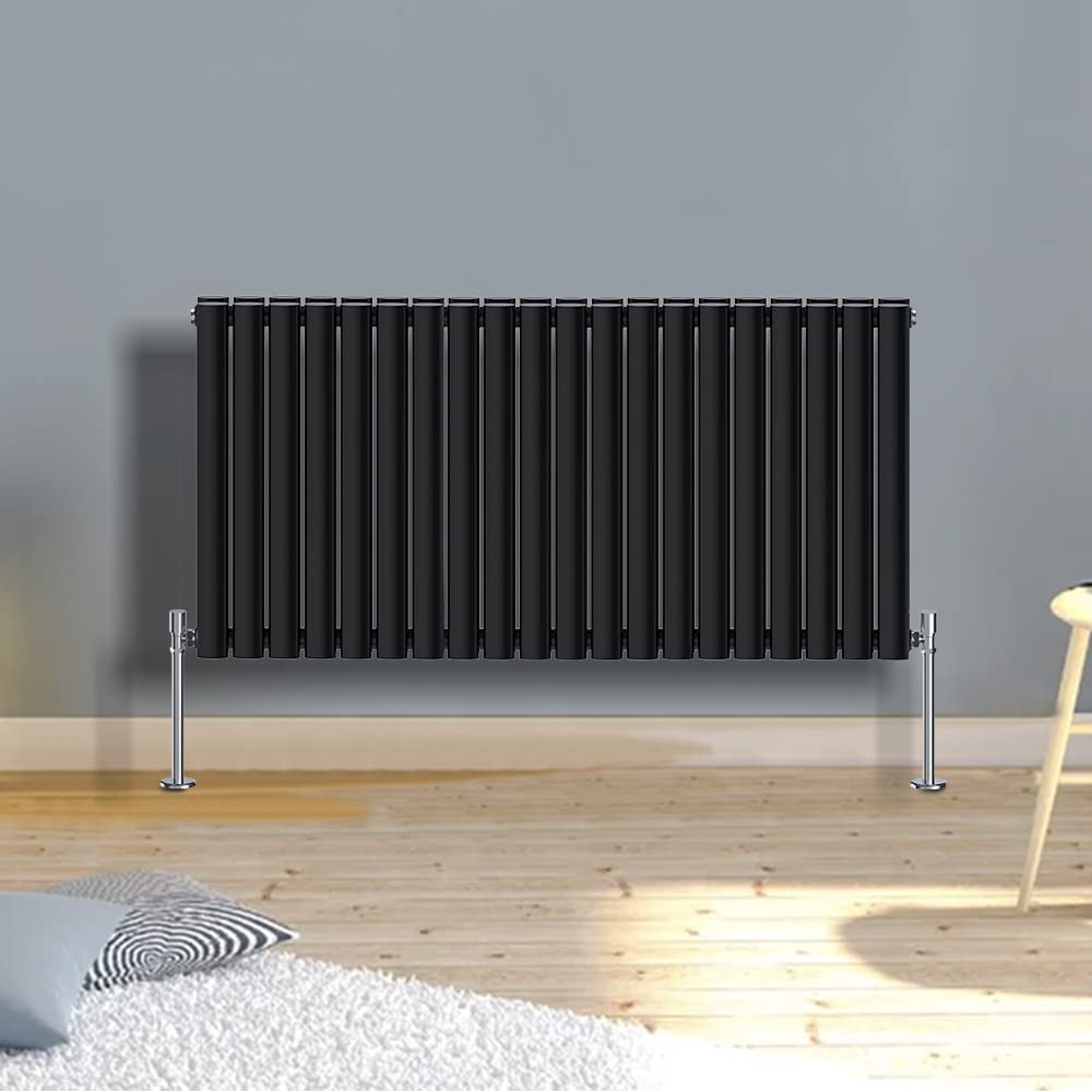 Warmehaus Modern Black Horizontal Double Oval Panel Radiator 600x1180mm