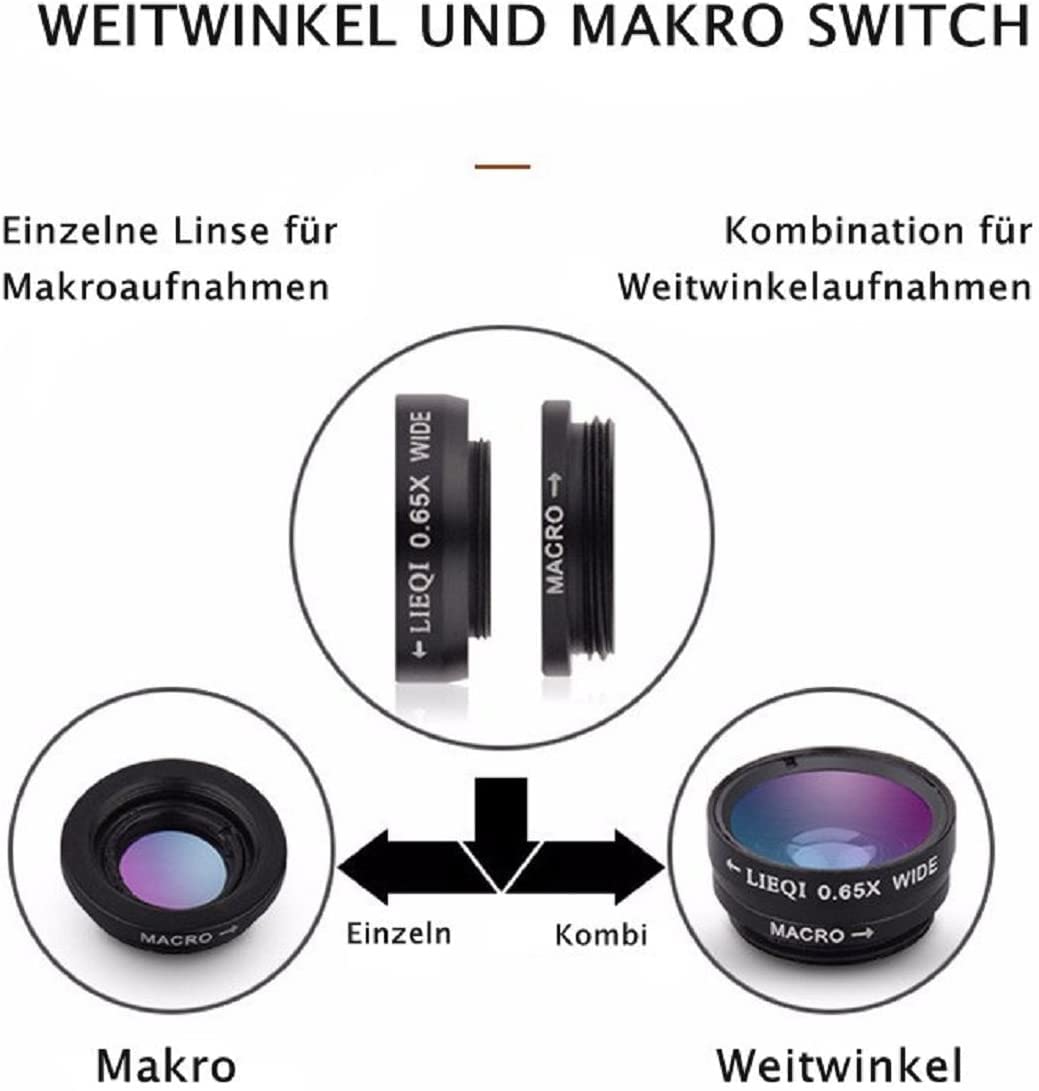 Zestaw obiektywów 3 w 1 do telefonu komórkowego, adapter do aparatu fotograficznego do smartfonów – obiektyw rybie oko (soczewka rybie oko 180°) + szeroki kąt (0,67 x szerokość) + obiektyw makro (10