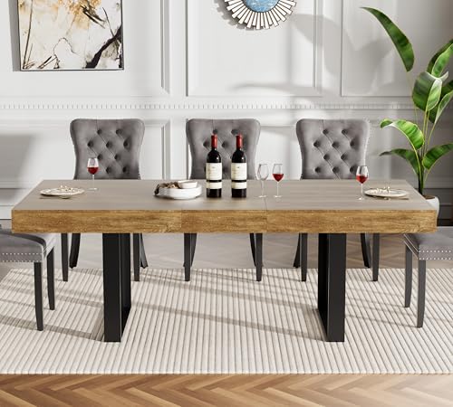 Image of Brown Dining Room Table Set for 6, 7-Piece 63 inch-78.74 inch Extendable Dining Table Set with 6 Upholstered Chairs, Rectangle Wooden Expanding Kitchen Table and Grey Chairs Set