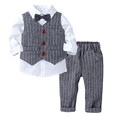 Choomomo Baby Boys 3Pcs Formal Party Suit Toddler Gentleman Outfit Bow Tie Shirt + Tuxedo Vest + Pants Set Grey 3-4 Years