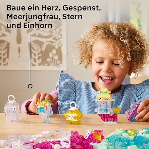 LEGO Classic Zauberbox mit durchsichtigen Steinen - Farbenfrohe Bausteine und Aufhängersteine - Einhorn, Drache, Pinguin und weitere Figuren - Bastelset für Mädchen & Jungen ab 5 Jahren 11040