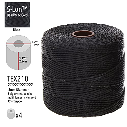 The Beadsmith S-Lon #18 Cord - Black Color - Tube Of 4 Spools - 77 Yards - Ideal For Stringing Beading Crochet And Micro-Macrame Jewelry- Compatible With Kumihimo Projects #TOP2