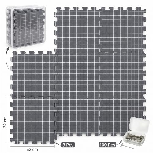RANJIMA Spannmatten mit Raster, 9 Pcs Matten zum Spannen 1,5 cm Extra Dicke Blocking Mats Hitzebeständig für Stricken Häkeln mit 100 T-Nadeln Hobby-Handarbeiter – Bild 3