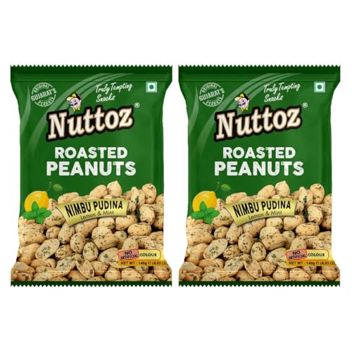 Image of Nuttoz Roasted Peanut Nimbu Pudina - Pack of 2 (140gm each) | Jumbo Roasted Moongfali | Non Fried Ready to Eat Healthy Snack | Crunchy Snack and Namkeen