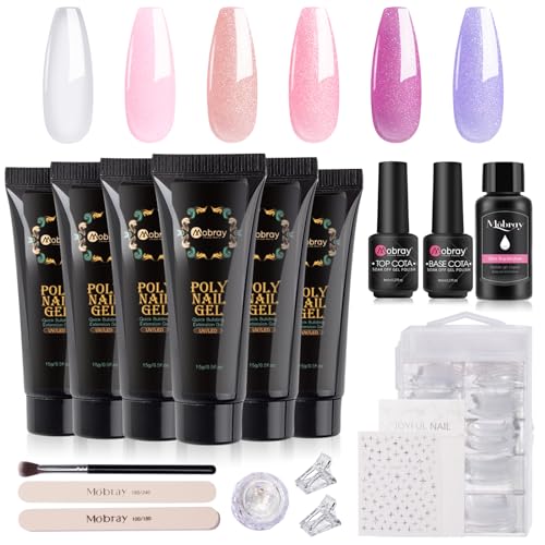 Mobray Poly Nail Gel Set, 6 Colors Poly Extension Nail Gel Kit Jelly Transparent Pink Nude Purple Glitter Builder Nail Gel 15ML, Poly Nail Extension Starter Set Nail Enhancement Salon Nail Art