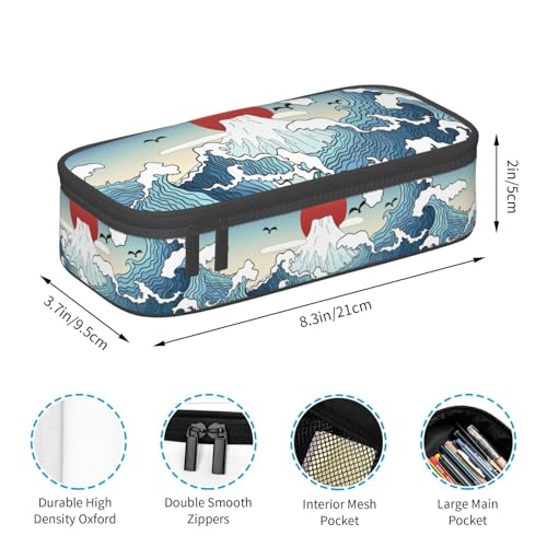Image of Japanese Blue And White Waves And Mount Fuji Large Pencil Case, Pencil Pouch With Zipper Compartments Stationery Pencil Bag For Kids Teens Students School Supplies