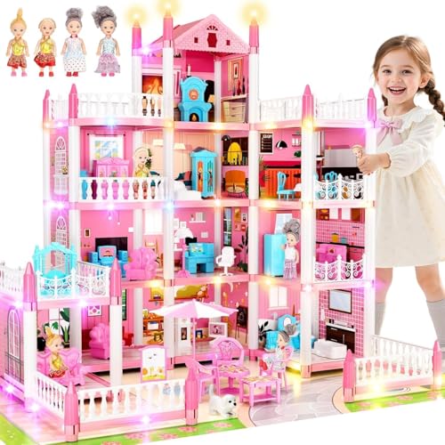 4 Stories Doll House for Girls, DIY Dollhouse Accessories Playhouse with Furniture and 11 Rooms, Pretend Play House with Lights for Kids, Portable Building Dolls Playset Toys Kit Gift for Ages 6+
