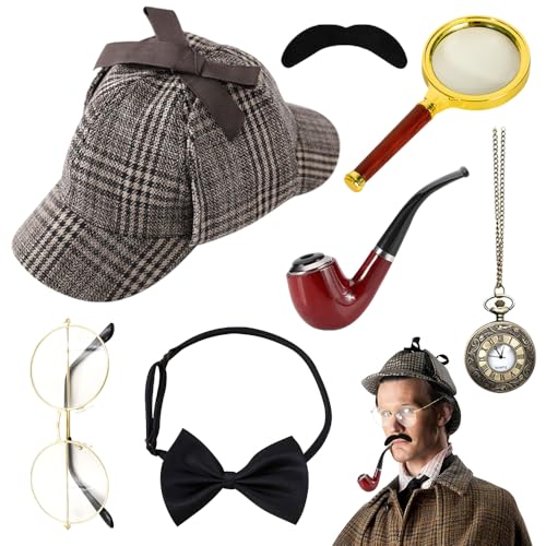 HIULLEN 7Stück Detektiv Kostüm Zubehör Set Sherlock Holmes Zubehör mit Detektivhut Lupe Metallbrille Herrenfliege Bart Detektiv Zubehör Victorian für Erwachsenen Halloween Cosplay KarnevalParty
