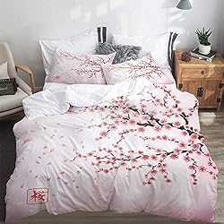 Edredon Japones LASINSU Funda De Edredón,Rama de Cerezo de Japón Realista con Flores florecientes Archivo jeroglífico Sakura,3 Pcs Ropa de Cama Funda Nórdica Sábana Bajera (220 * 240CM)