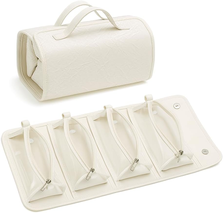 Hanging Roll-Up Cosmetic Bag Makeup Bag Toiletry Kit Travel Organizer for Women 4 Removable PVC Storage Bags Organize Make Up, Cosmetics, Personal Care, Bathroom (White)