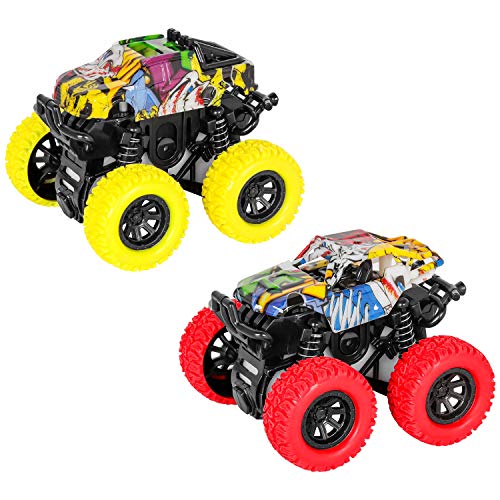 m zimoon Monster Truck, Trek Voertuigen Wrijving Auto's 360 Graden Roterende Traagheid Auto Speelgoed voor Jongens Meisjes Peuter (2 stuks, Rood Geel)
