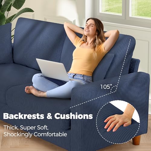 Image of Kidirect 70in Corduroy Couch, Sofa No Tool Assembly, Comfy Couches for Living Room 21in Deeper Seats, Corduroy Sofas for Living Room with 2 Pillows, Oversized Loveseat Sofa, Boho Love Seat Blue Couch