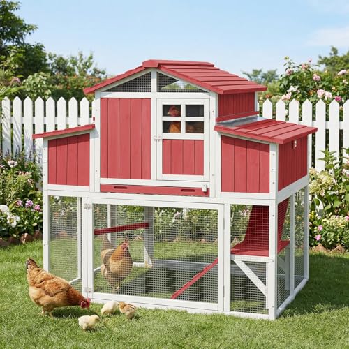 Large Outdoor Wooden Chicken Coop with Run for 2–4 Chickens, 2-Tier Elevated Hen House with Dual Nesting Boxes, Removable Slide-Out Tray, Reinforced
