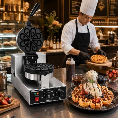 Image of Droplet Shape Rotary Waffle Maker, Commercial Electric Waffle Machine, Professional Belgian Waffle Baker for Cafe Bakery Restaurant