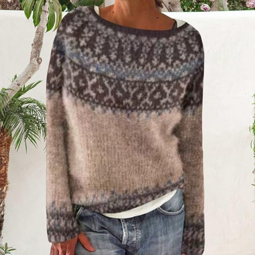 Womens Fair Isle Sweaters Vintage Sweater Ribbed Knit Colorful Crew Neck Long Sleeve Oversized Pullover Jumper Tops2