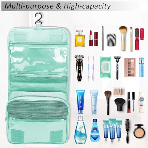 Image of Travel Toiletry Bag, Light Blue | Hanging Hook, Waterproof, Foldable, Mesh & Transparent Compartments